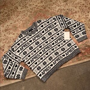 CALLIGRAPHIE Black and White Women's APRES hearts & snowflakes Sweater 🖤 LARGE